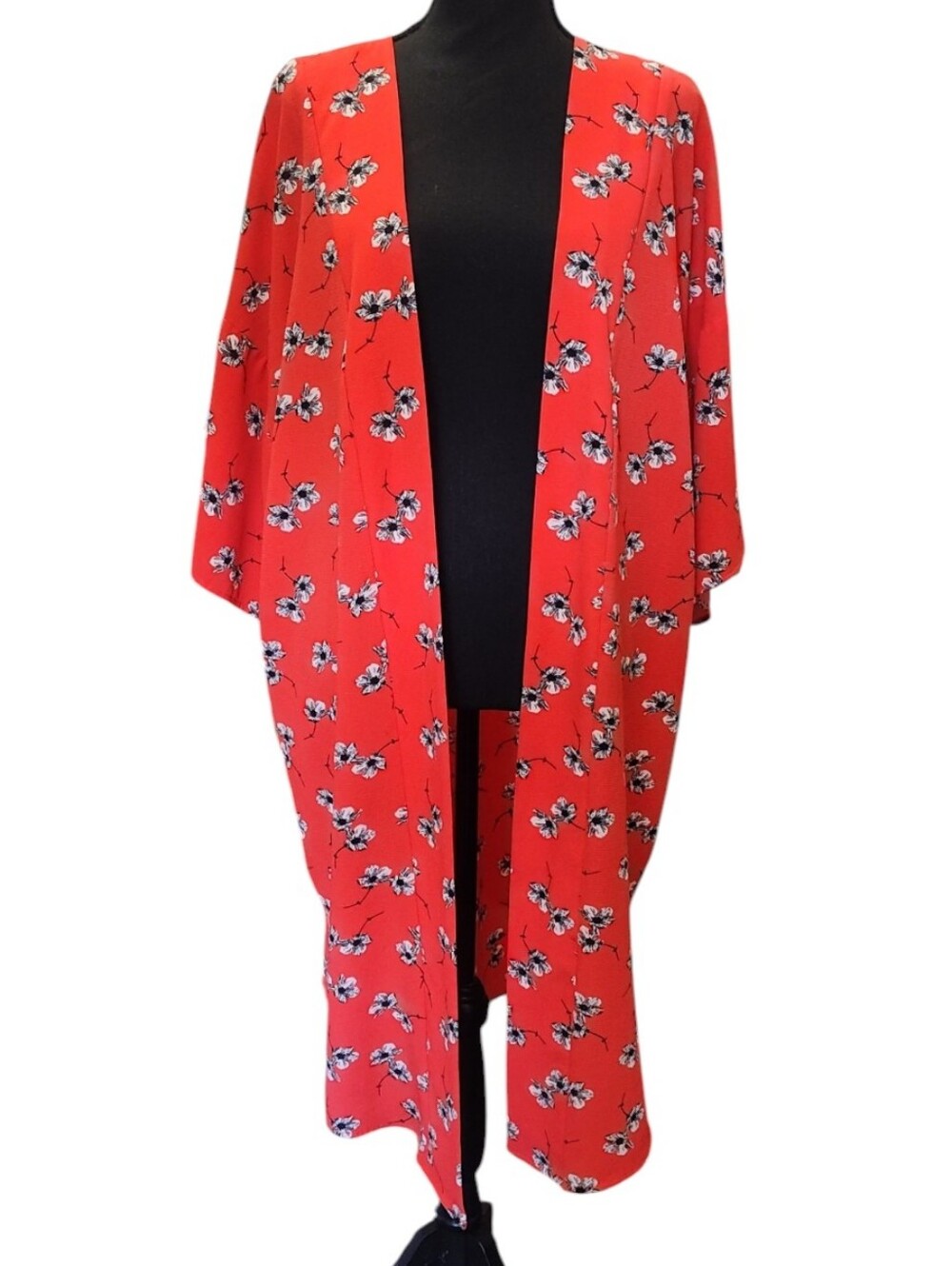 Bobeau Red Floral Duster Kimono Open Front Longline Size L
